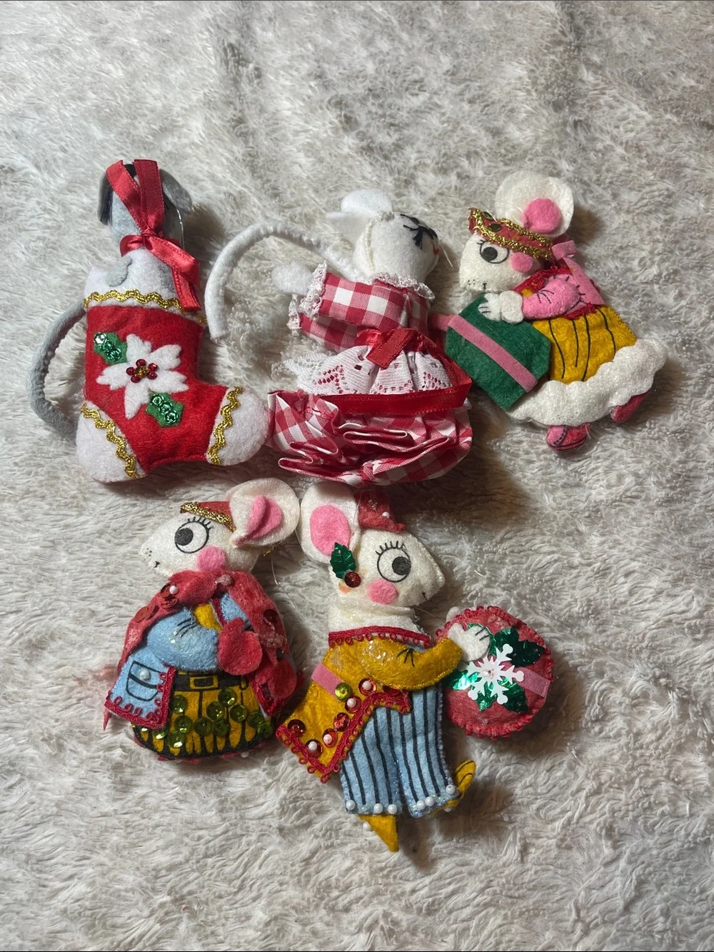Vintage Felt Christmas Mouse Ornaments - Red, Pink, Yellow, Green, White